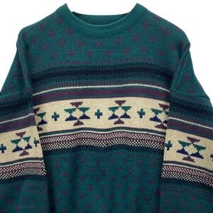 Vintage AndHurst Men's Large Green Geometric Pattern Knit Sweater 100% Acrylic